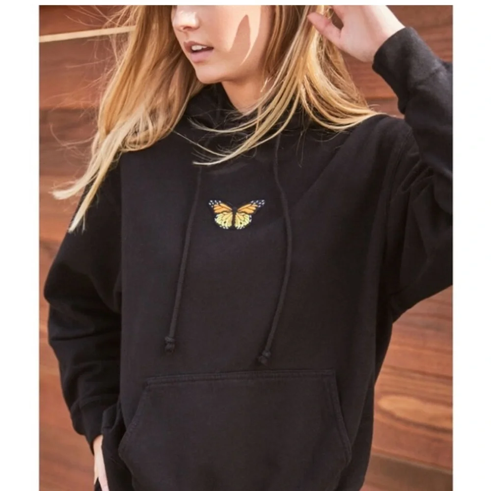 Brandy Melville Black Cotton Butterfly Hoodie Classic Neutral Sweatshirt size S - Picture 2 of 9
